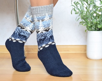 Beautiful Alpaca Socks Warm Fair Isle socks with winter landscape for home Woolen socks for skiing Icelandic Socks with moose Woollana