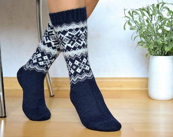 Navy Alpaca Wool Socks with Traditional Nordic Jacquard pattern Fancy Christmas Socks Fair Isle Winter socks for skiing Woollana