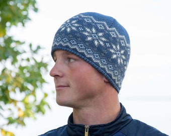 Blue Nordic Woolen Hat for Men with fair isle pattern Beanie ski hat in Icelandic style Lambswool Scandinavian winter hat Woollana