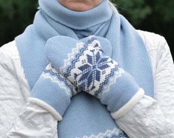 Blue Mittens for Women Knitted Nordic Woolen Gloves with Beautiful Fair Isle pattern Unique Icelandic jacquard fleece-lined Selbu mittens