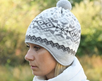 Woolen winter Hat with Nordic Fair Isle pattern Gray Beanie with ears and woolen pom-pom for Women for Skiing in Icelandic style Woollana