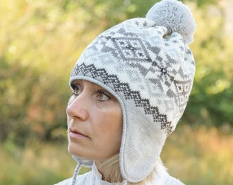 Knitted Scandinavian Wool winter Hat with Nordic Fair Isle pattern Gray Beanie with ear flaps Arctic Fox POM POM for Women for Skiing