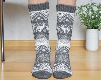 Gray Alpaca Wool Socks with Nordic Jacquard patterns Warm Fair Isle Winter socks With reindeer Christmas Socks for Men and Women Woollana