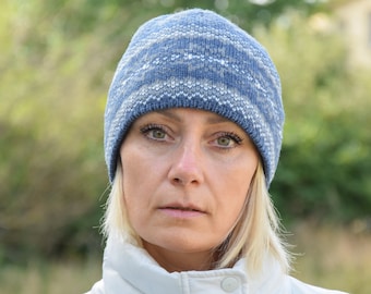 Blue Nordic Woolen Hat with fair isle pattern Beautiful Beanie ski hat Fleece-lined Traditional Scandinavian winter hat with gray pattern