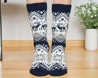 Navy Alpaca Wool Socks with Dark Nordic Jacquard Christmas Socks for all family New Year present Fair Isle Winter socks With reindeer