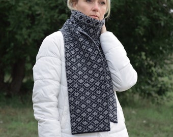 Zweiseitiger Farbschal Dicker skandinavischer Winterschal Marine und Grau Nordisches Wollwinter-Set Traditioneller Jacquard für Männer und Frauen