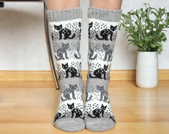 Gray Alpaca Wool Socks With Cats Nordic Jacquard socks for cold Winter days Beautiful and cute Fair Isle socks Animal print socks Woollana