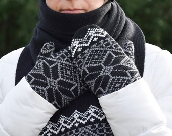 Manoplas de punto para hombre del conjunto de invierno Hermosas manoplas de lana nórdicas con forro polar negro y patrón escandinavo Fair Isle Woollana