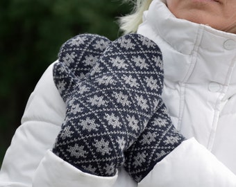 Mitaines en laine nordique doublées de polaire bleu marine avec motif Fair Isle Mitaines tricotées de l'ensemble d'hiver traditionnel Jacquard pour hommes et femmes