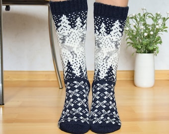 Navy Alpaca Wool Socks with Dark Nordic Jacquard Christmas Socks Winter forest landscape Fair Isle Winter socks With Reindeer Woollana