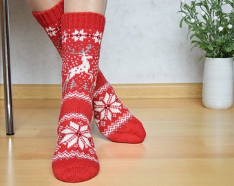 Red Alpaca Wool Socks With Christmas reindeer Nordic Jacquard socks for all family Creative New Year presents Fair Isle Winter socks