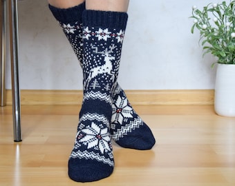Navy Alpaca Wool Socks With Christmas reindeer Nordic Jacquard socks for all family Creative New Year presents Fair Isle Winter socks
