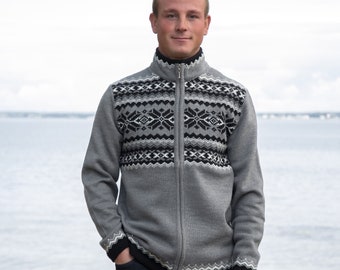 Gray Woolen Winter Fair Isle Cardigan on the zipper Scandinavian Woolen Cardigan with fleece-lined High-Neck Sweater in Nordic style