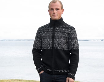 Cárdigan de lana de invierno Fair Isle en la cremallera Cárdigan de lana escandinavo oscuro con suéter de hombre de cuello alto en estilo nórdico Woollana