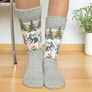 Beautiful Gray Alpaca Wool Socks Warm Fair Isle socks with rabbits flowers and trees Nordic Icelandic jacquard patterns for skiing Woollana image 3