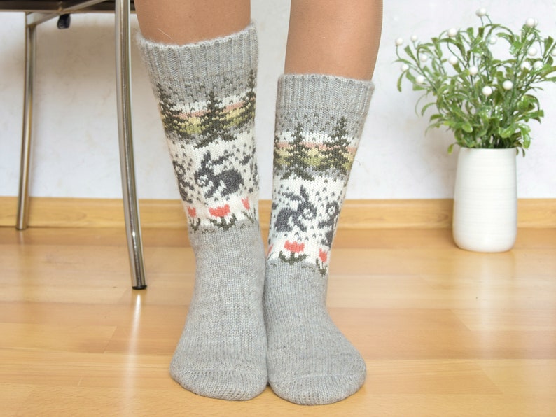 Beautiful Gray Alpaca Wool Socks Warm Fair Isle socks with rabbits flowers and trees Nordic Icelandic jacquard patterns for skiing Woollana image 3