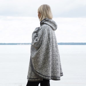 Gray Woolen poncho with Fair Isle pattern Nordic Icelandic cape for cold days on the Buttons Big Hooded Cardigan for Women Woollana image 4