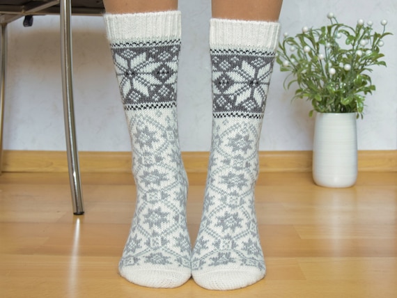 Belles chaussettes blanches en laine d alpaga pour homme et femme Chaussettes chaudes jacquard pour Noel avec jacquard nordique et islandais gris pour le ski Etsy France