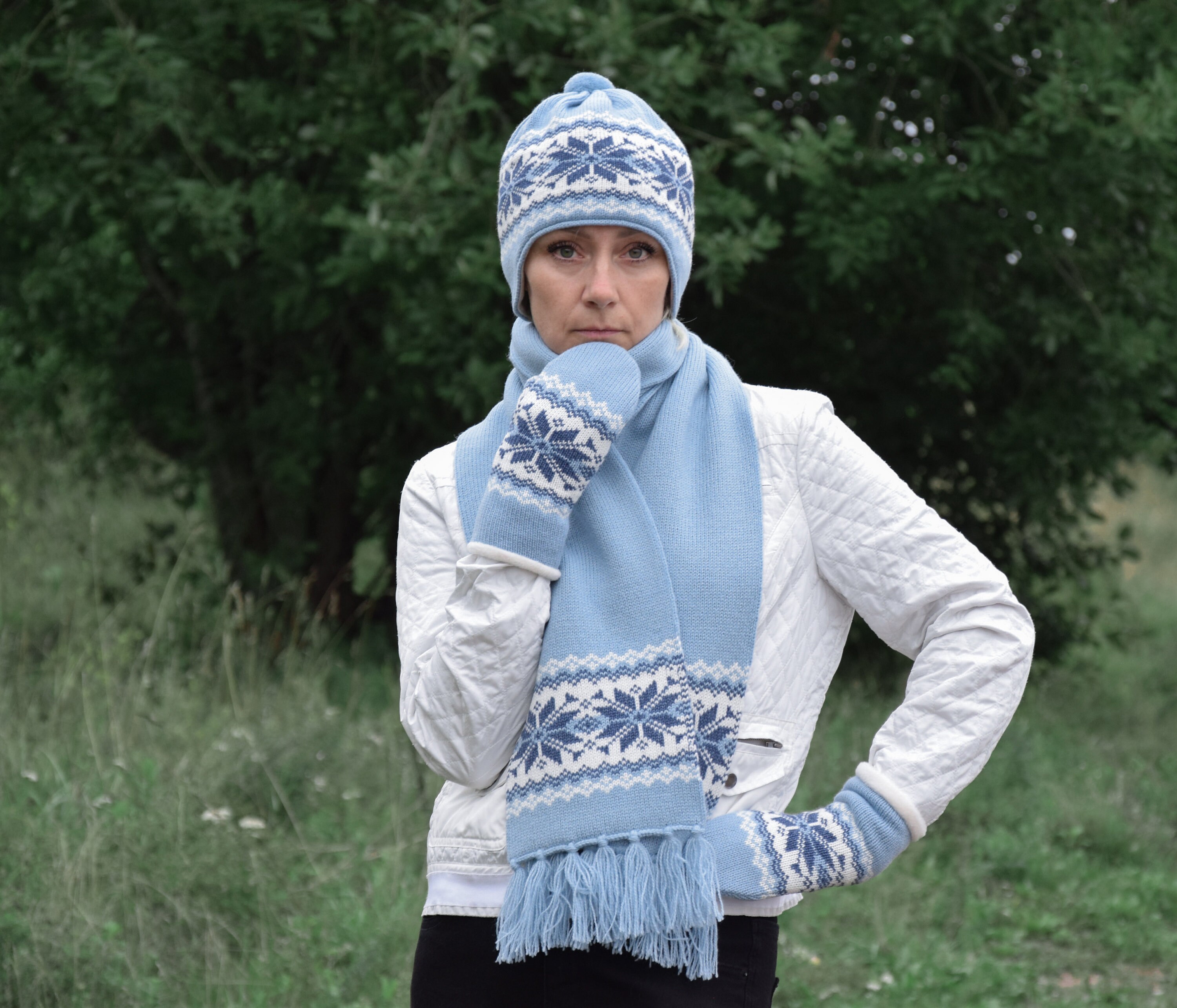 Blue Woolen Winter Scarf With Beautiful Selbu Stars Scandinavian