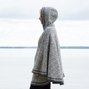 Gray Woolen poncho with Fair Isle pattern Nordic Icelandic cape for cold days on the Buttons Big Hooded Cardigan for Women Woollana image 6