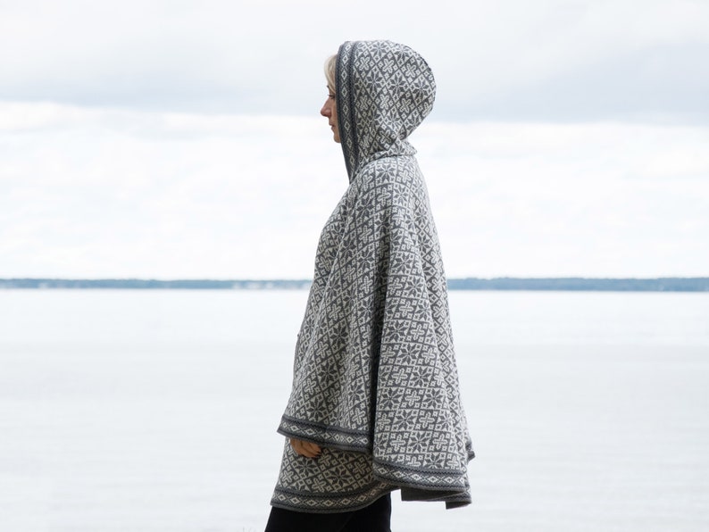 Gray Woolen poncho with Fair Isle pattern Nordic Icelandic cape for cold days on the Buttons Big Hooded Cardigan for Women Woollana image 6