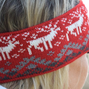 Men & Women Headband Nordic Woolen Head bandage with fair isle Icelandic pattern Red Jacquard Ear warmer for skiing with reindeer Woollana image 8