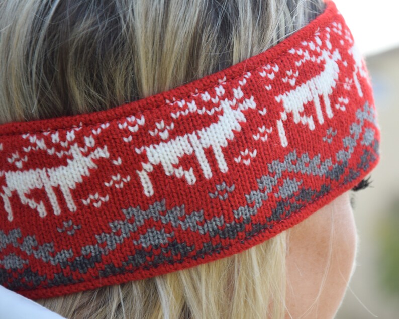 Men & Women Headband Nordic Woolen Head bandage with fair isle Icelandic pattern Red Jacquard Ear warmer for skiing with reindeer Woollana image 8