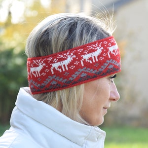 Men & Women Headband Nordic Woolen Head bandage with fair isle Icelandic pattern Red Jacquard Ear warmer for skiing with reindeer Woollana image 7