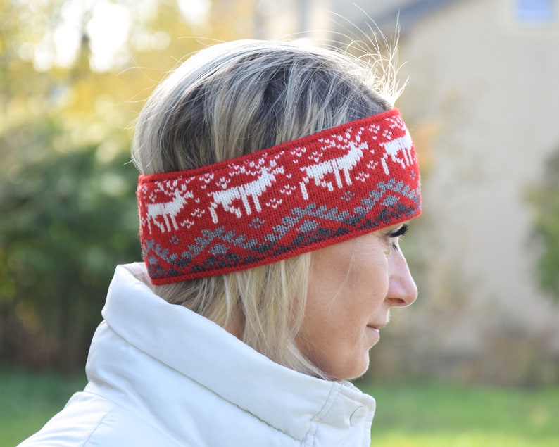 Men & Women Headband Nordic Woolen Head bandage with fair isle Icelandic pattern Red Jacquard Ear warmer for skiing with reindeer Woollana image 7