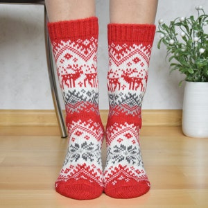Red Alpaca Wool Socks with Nordic Jacquard Christmas Socks for Men and Women New Year presents Fair Isle Winter socks With reindeer Woollana
