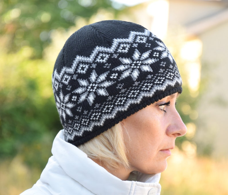 Knitted Nordic Woolen Hat with fair isle pattern Beanie for men and women with beautiful Scandinavian Jacquard pattern Black hat BIRASI image 4