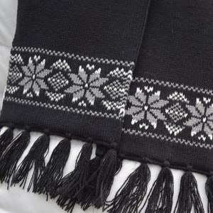 Black Woolen Scarf with Tassels Thick Knitted Scandinavian Scarf with Nordic Icelandic Fair isle Traditional jacquard for Men and Women image 2