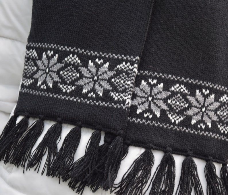 Black Woolen Scarf with Tassels Thick Knitted Scandinavian Scarf with Nordic Icelandic Fair isle Traditional jacquard for Men and Women image 2