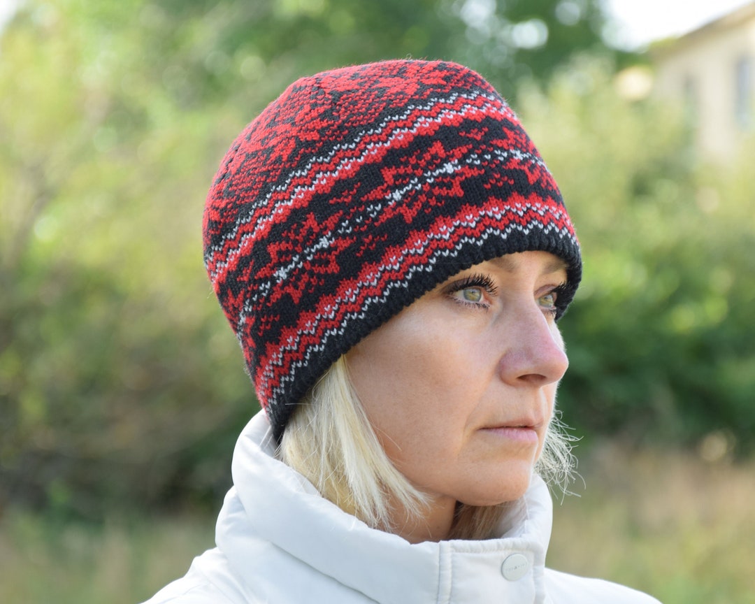 Nordic Wool Beanie: Red Fair Isle Knit, Fleece-lined Winter 
