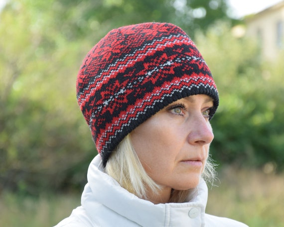 Bright Red and Black Nordic Woolen Hat With Fair Isle Pattern Warm