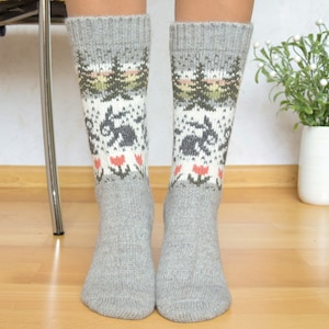 Beautiful Gray Alpaca Wool Socks Warm Fair Isle socks with rabbits flowers and trees Nordic Icelandic jacquard patterns for skiing Woollana image 7