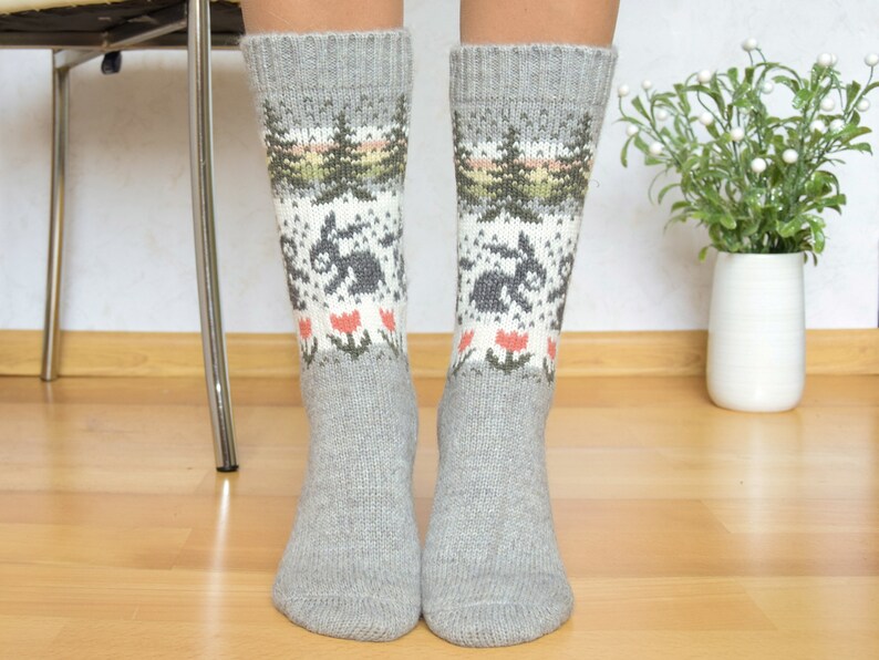 Beautiful Gray Alpaca Wool Socks Warm Fair Isle socks with rabbits flowers and trees Nordic Icelandic jacquard patterns for skiing Woollana image 7