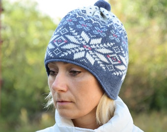 Gebreide ski wintermuts met oorflops wollen nordic fair isle patroon blauwe muts voor mannen en vrouwen met selbu sterren IJslandse pet