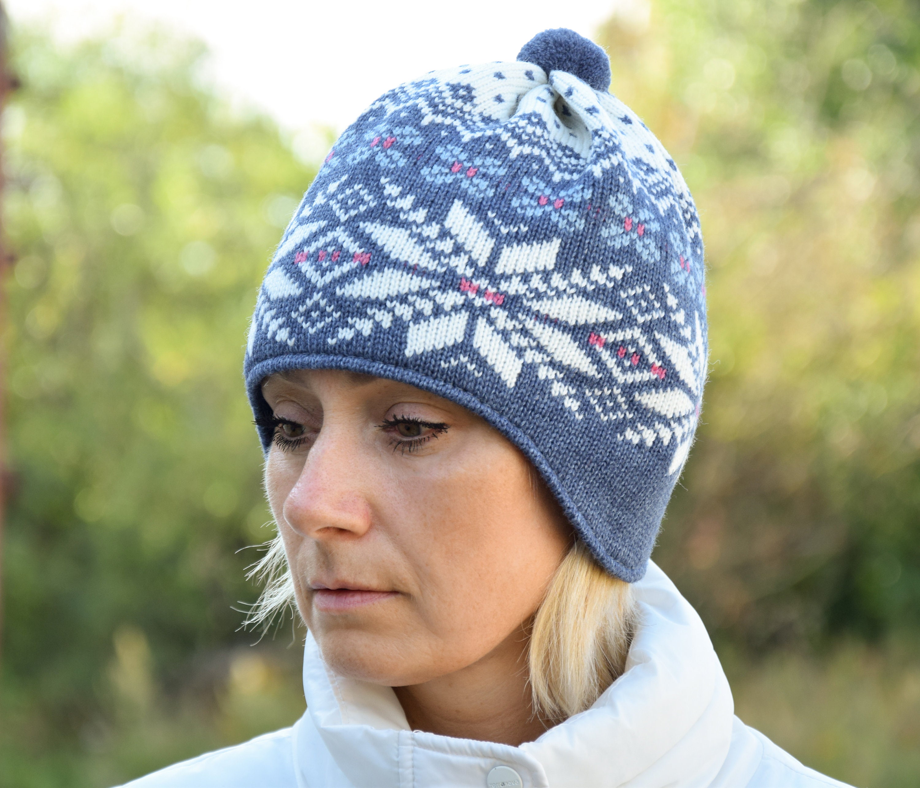TORY BURCH Wintery Fair Isle Hat Merino Wool Pom Pom Beanie Blue Green Pink OS Rainbow Pom Beanie – Marine Layer main image 4