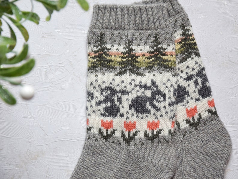 Beautiful Gray Alpaca Wool Socks Warm Fair Isle socks with rabbits flowers and trees Nordic Icelandic jacquard patterns for skiing Woollana image 5