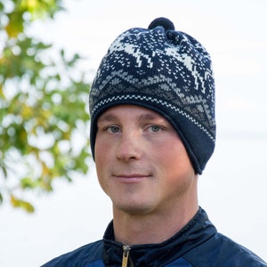 Warm Beanie for Men and Women Knitted Nordic Woolen Hat with fair isle Icelandic pattern Navy Jacquard Beanie for skiing with reindeer image 5