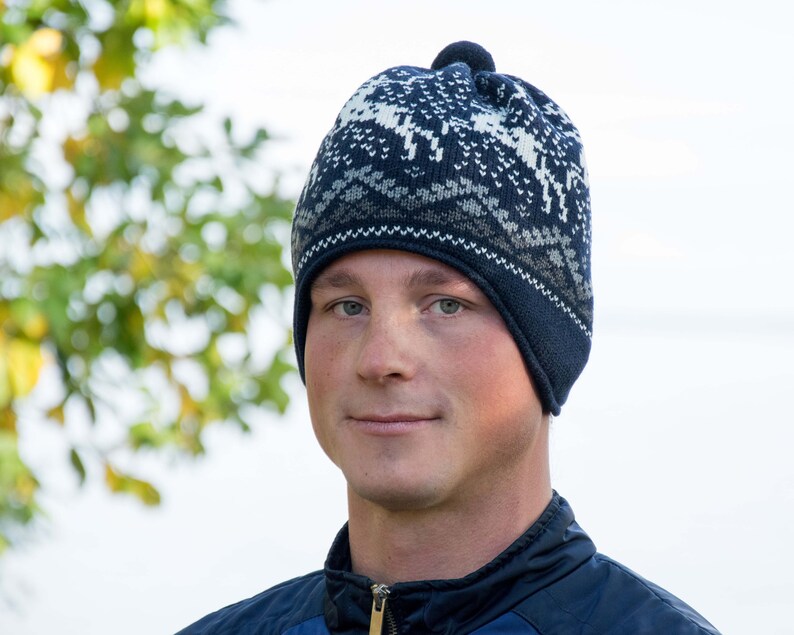 Warm Beanie for Men and Women Knitted Nordic Woolen Hat with fair isle Icelandic pattern Navy Jacquard Beanie for skiing with reindeer image 5
