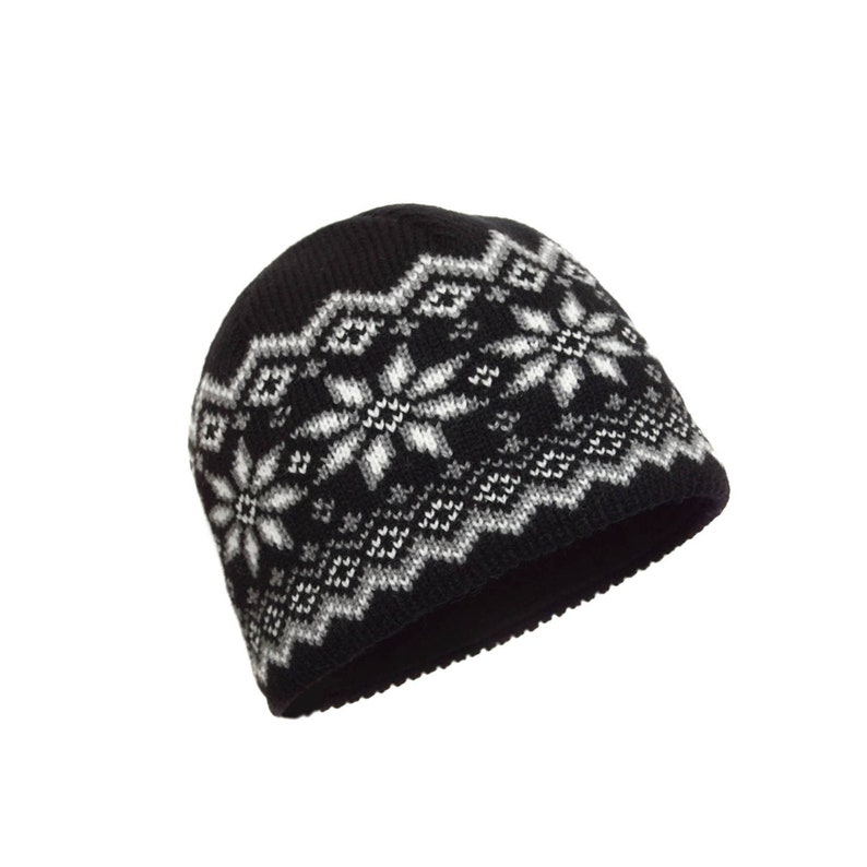 Knitted Nordic Woolen Hat with fair isle pattern Beanie for men and women with beautiful Scandinavian Jacquard pattern Black hat BIRASI image 5