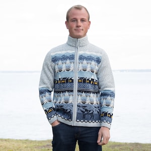 Woolen Winter Fair Isle Cardigan on the zipper Scandinavian Woolen Cardigan with fleece-lined High-Neck Christmas Sweater in Nordic style