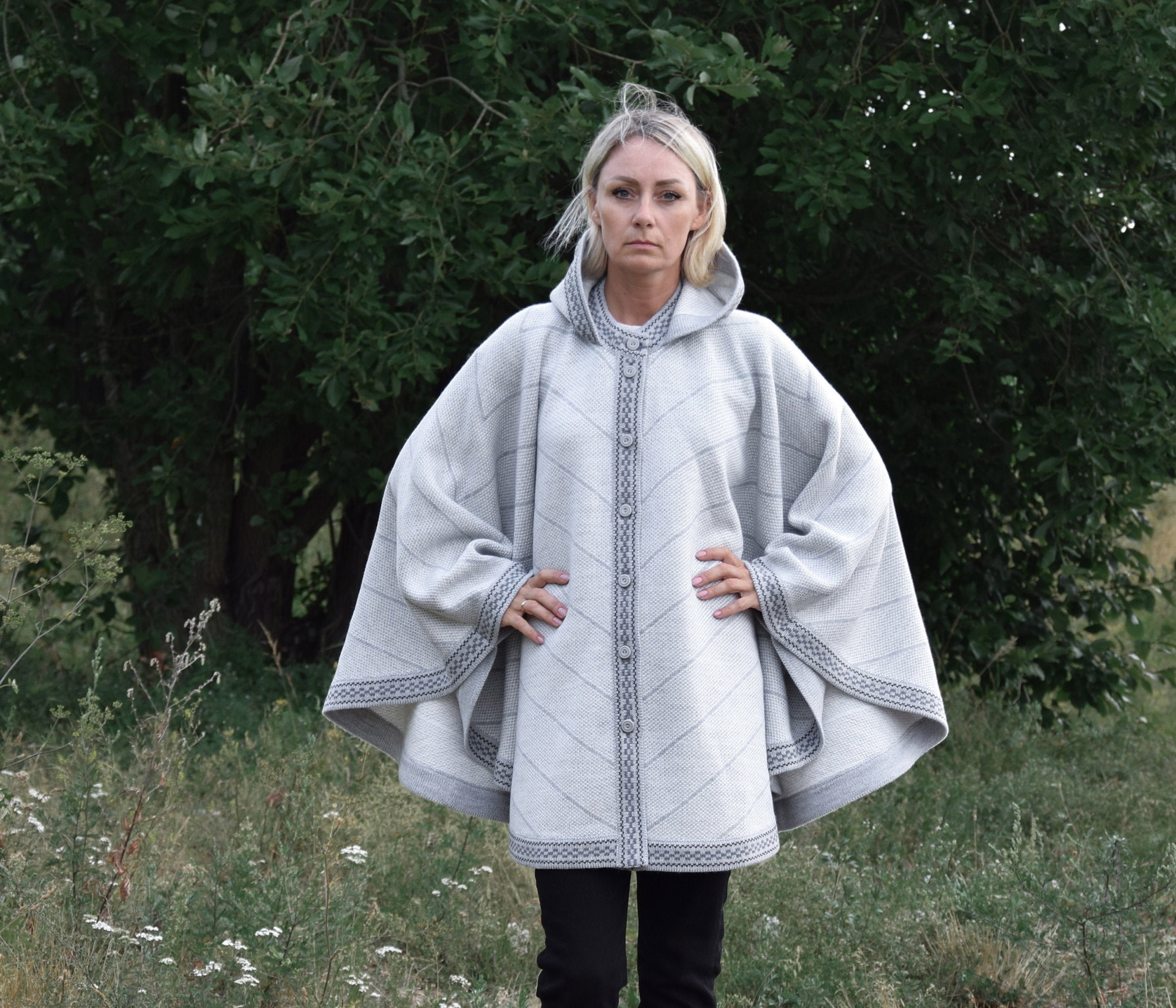 Gray Woolen Poncho With Stripes Nordic Icelandic Hooded Cape With