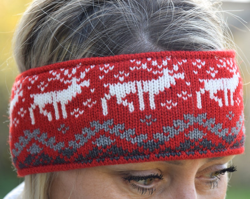 Men & Women Headband Nordic Woolen Head bandage with fair isle Icelandic pattern Red Jacquard Ear warmer for skiing with reindeer Woollana image 4