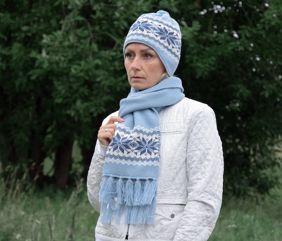 Blue Woolen Winter Scarf With Beautiful Selbu Stars Scandinavian