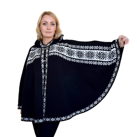 Black White poncho with Fair Isle pattern Woolen cape wrap on the Norwegian clasps for Women Short Wide cardigan for Christmas Woollana