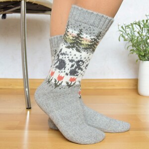 Beautiful Gray Alpaca Wool Socks Warm Fair Isle socks with rabbits flowers and trees Nordic Icelandic jacquard patterns for skiing Woollana image 2