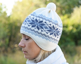 Knitted Scandinavian Woolen winter Hat with Blue Nordic Icelandic Fair Isle pattern Jacquard Beanie with Fur Arctic Fox pom-pom Woollana